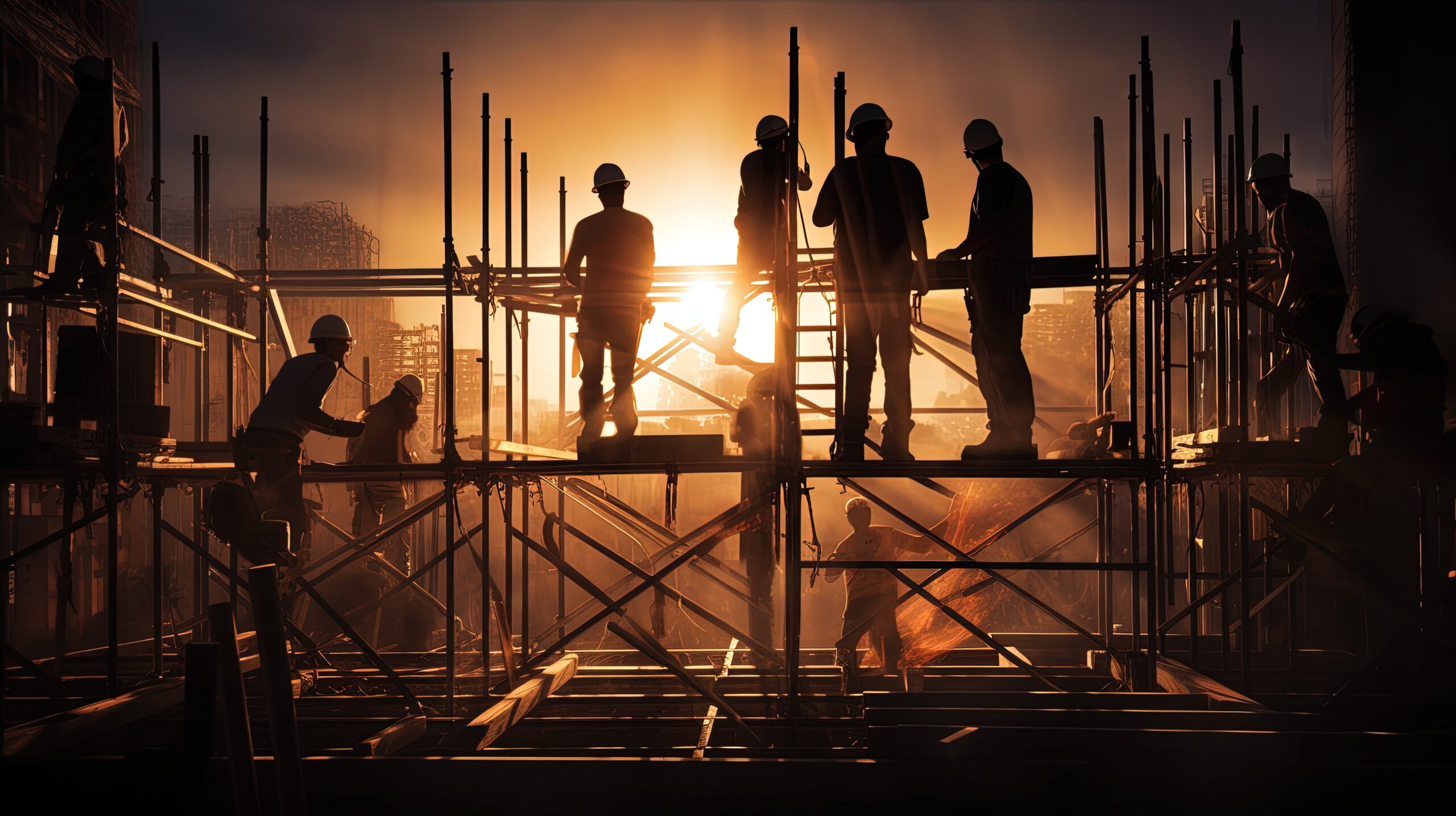 Workers on scaffolding silhouetted by light at construction site